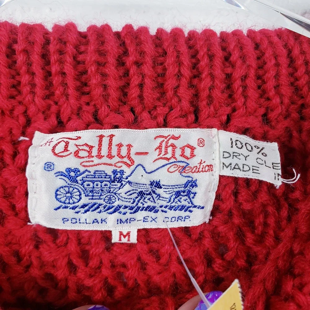 Vintage Tally-Ho Sweater Red Cable Knit Wool Pullover Womens Size Medium